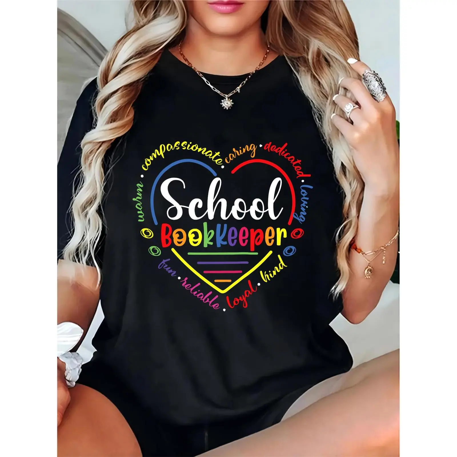 Women's Black School Bookkeeper T-Shirt | Colorful Heart & Positive Descriptive Words | Ideal for School Staff, Work, Back to School Apparel