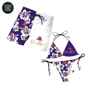 Purple Hibiscus Crown Floral Bikini Set Matching Swim Trunks, Tropical Hawaiian Print Beach Outfit Couple Set, Full Print String Bikini Halter Top Side Tie Bottom, Quick Dry Lightweight Swim Shorts, Summer Pool Party Gift for Men Women Outdoor