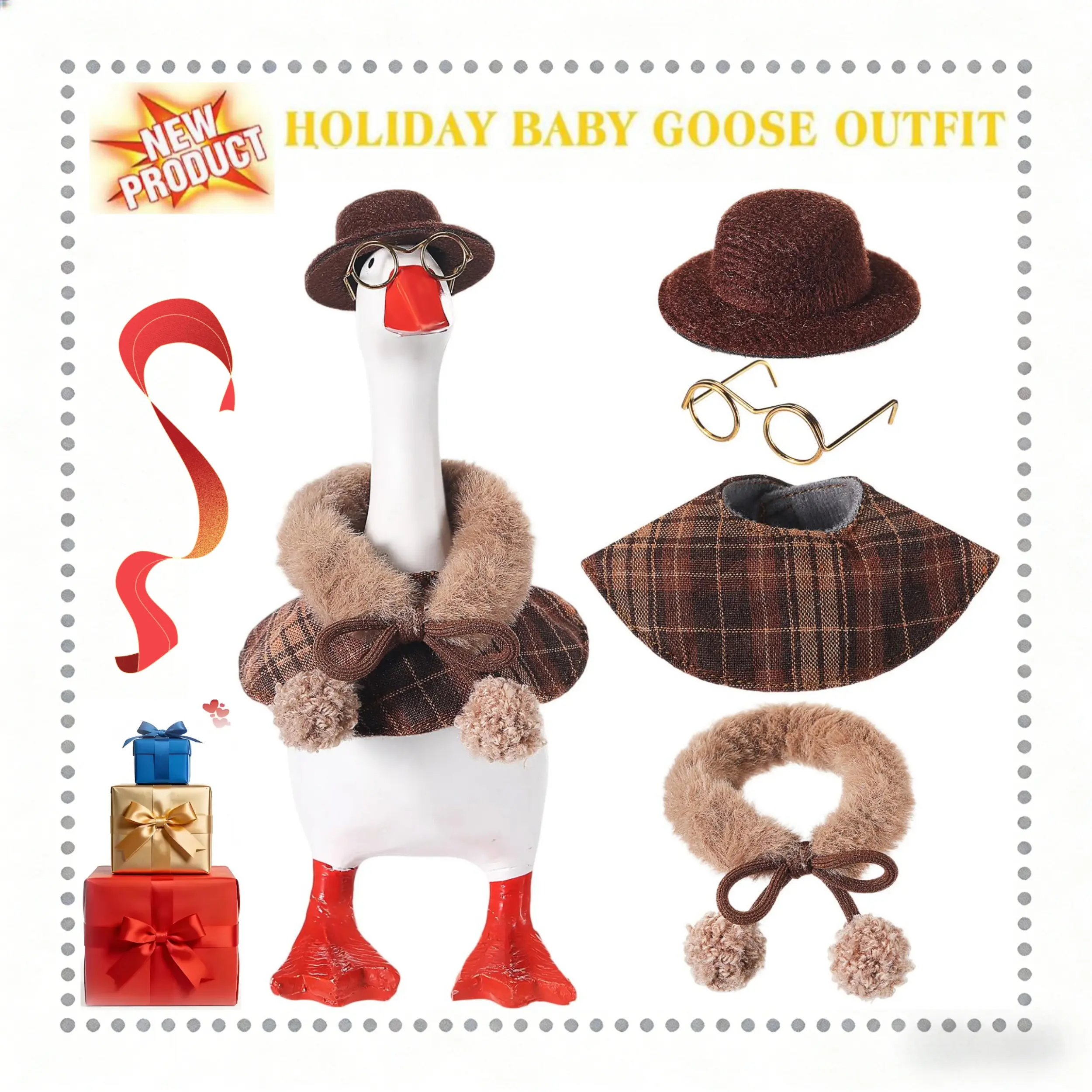 4-Piece 7 in Winter Detective Outfits for Magnetic Mini Goose Duck Statue - Fluffy Plaid Cape, Detective Hat, Collar, Glasses for Christmas Decorations, Holiday Desk Decor, Holiday Decor
