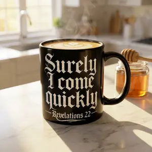 Surely I Come Quickly Mug | Revelations 22 Gothic Scripture Coffee Cup
