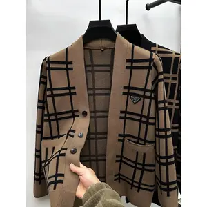 Plaid Jacquard Sweater Cardigan Jacket Men's Slim-Fitting V-Neck Knitted Sweater