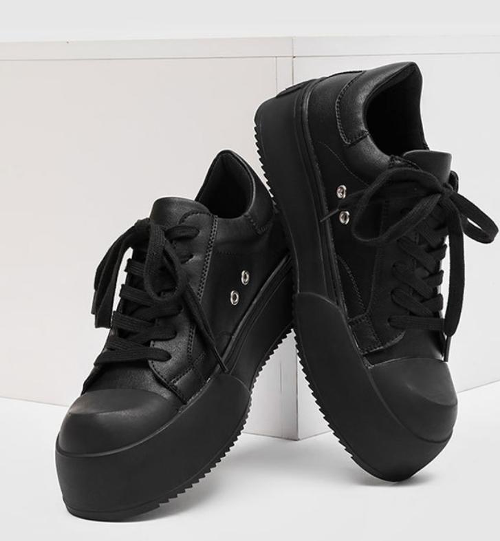 Men's Cleanfit Platform Sneakers All Black Leather-Like Simple Slim Leg Stylish