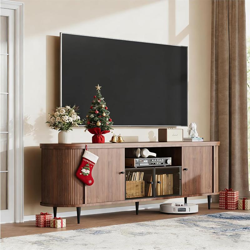 【Ships in 1 Packages】Oneinmil Luxury 70" Fluted TV Stand Modern Entertainment Center for TVs Up to 80" TV Console with Faux Marble Tabletop Curved Profile Design Media Console for Living Room bedroom tables nursery