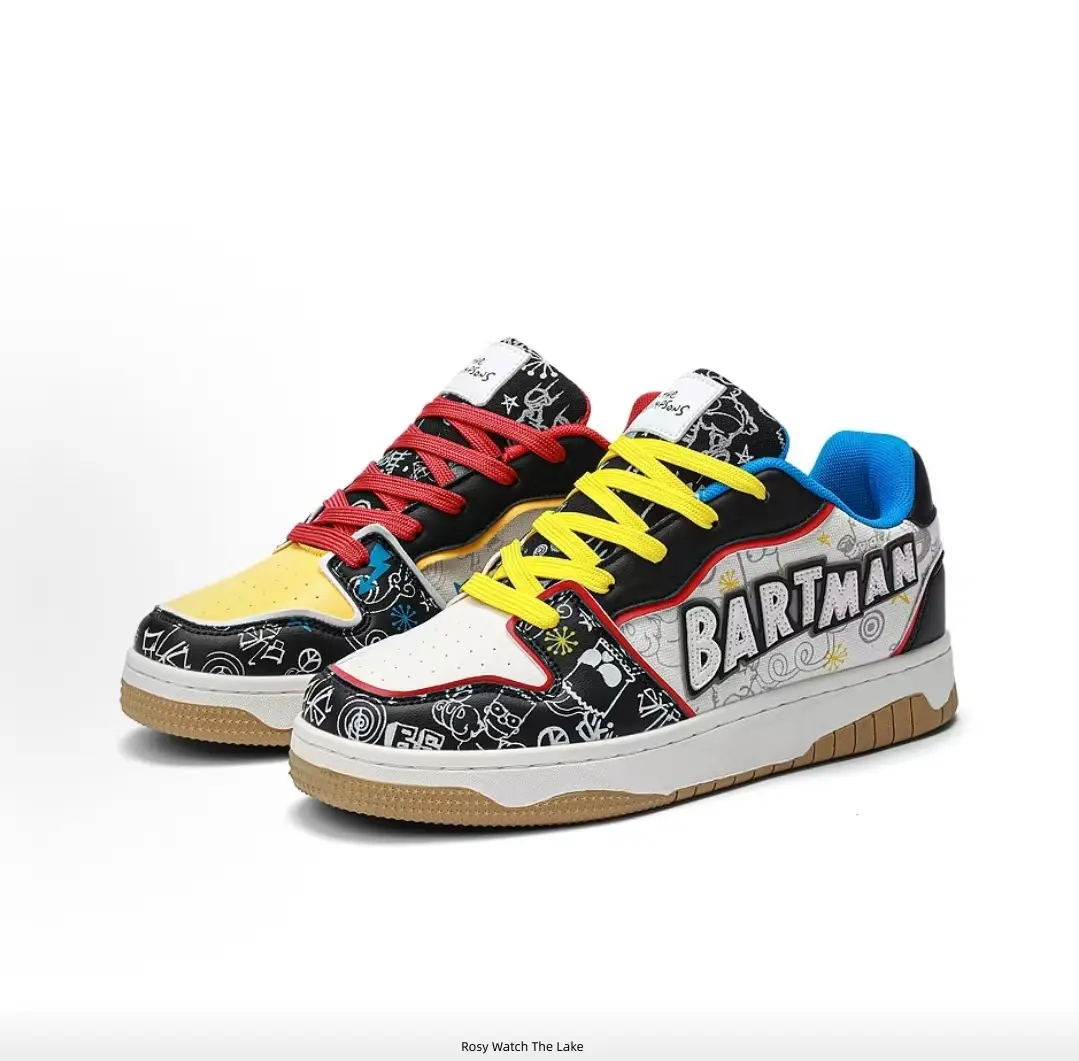 Unisex Color Block Cartoon Print Low-Top Skate Sneakers with Letter Graphic, mixed-color laces, gum rubber outsole, trendy street casual shoes for men and women