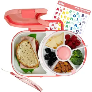 Lunchbox with Detachable Snack Spinner, Bundle with Hand Strap & Sticker Sheet, Reusable Bento Style Lunch Container, 5 Small +1 Large Sandwich Compartment, BPA & PVC Free, coral pink