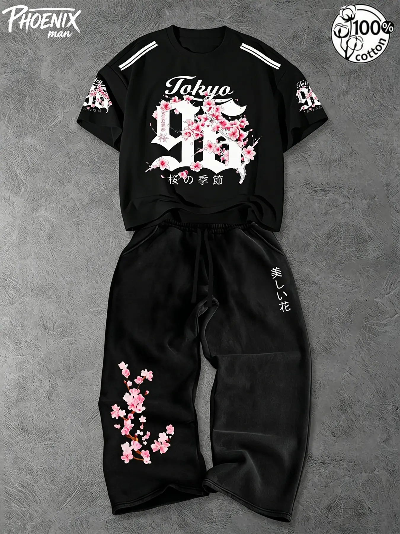 Unisex Japanese-American Streetwear Two-Piece Set with Cherry Blossom Print: 100% Cotton T-Shirt + Comfortable Sweatpants