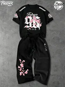 Unisex Japanese-American Streetwear Two-Piece Set with Cherry Blossom Print: 100% Cotton T-Shirt + Comfortable Sweatpants