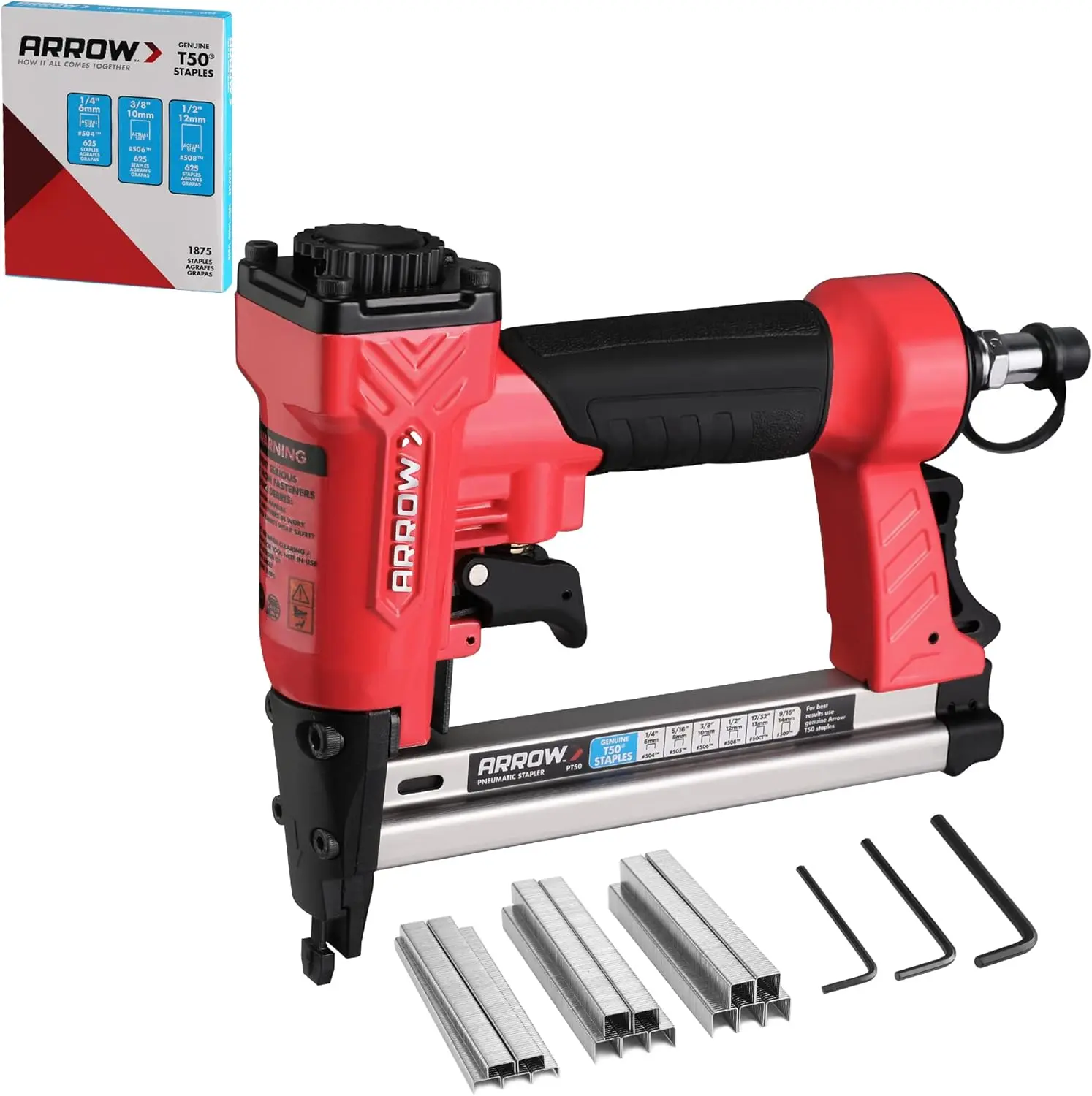 #fathersdaygift Arrow Pneumatic Staple Gun, Oil-Free Upholstery Stapler with 3750 Pieces T50 1/4", 3/8", 1/2" Staples, Adjustable Exhaust, for Woodworking, Professional and DIY Projects, PT50