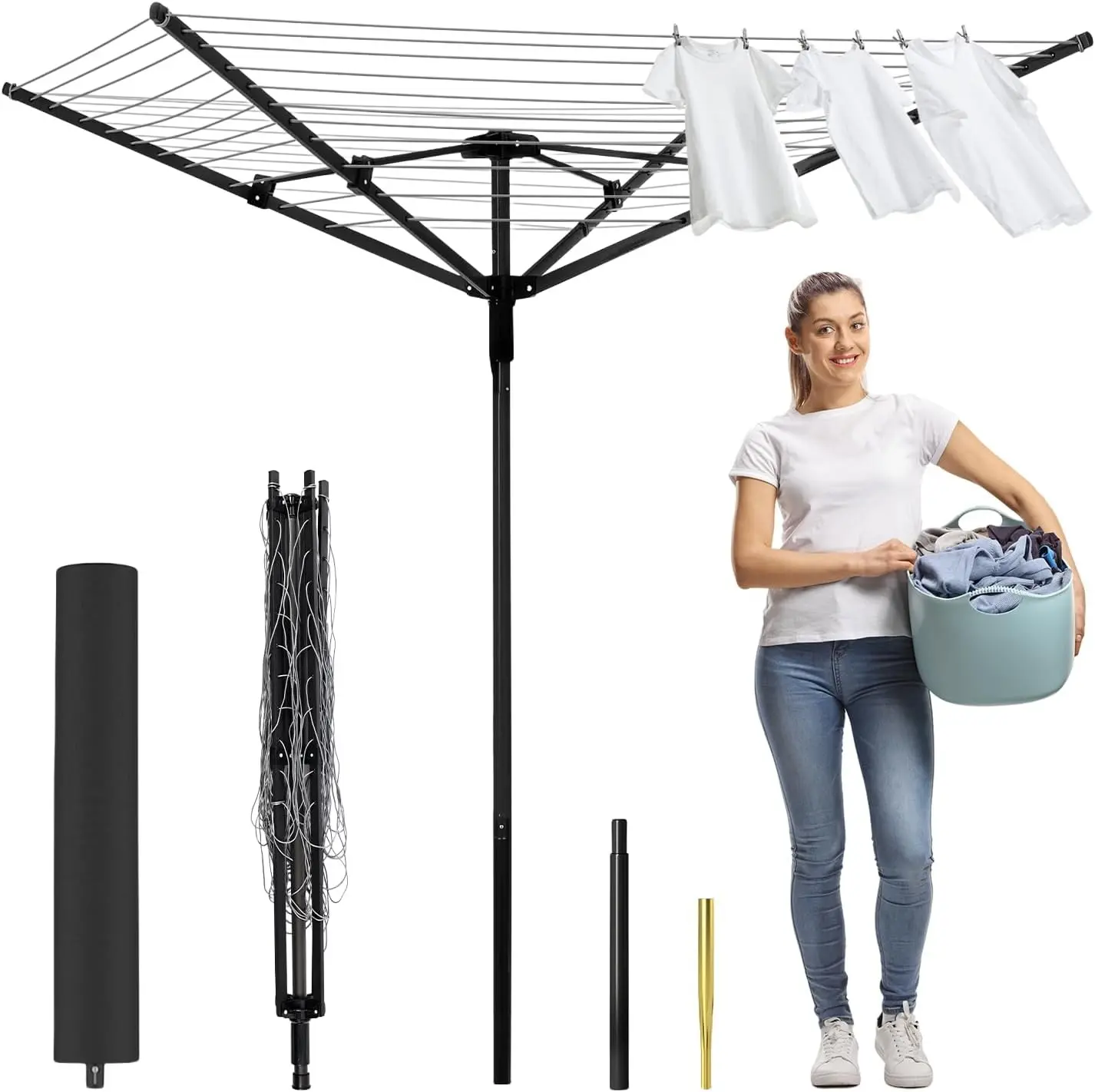 Outdoor Umbrella Drying Rack, 4-Aluminum Arms Folding Rotary Dryer with 12 Lines 165 ft Drying Space Adjustable Height Clothesline w/Waterproof Cover & Ground Spike for Garden Backyard(Black)