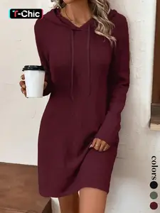 Women's Hooded Long Sleeve Casual Minimalist Loose Fit Knit Dress, Lady, Fall Winter Fashion, European Style, Comfortable & Stylish, Perfect for Daily Wear, Womenswear