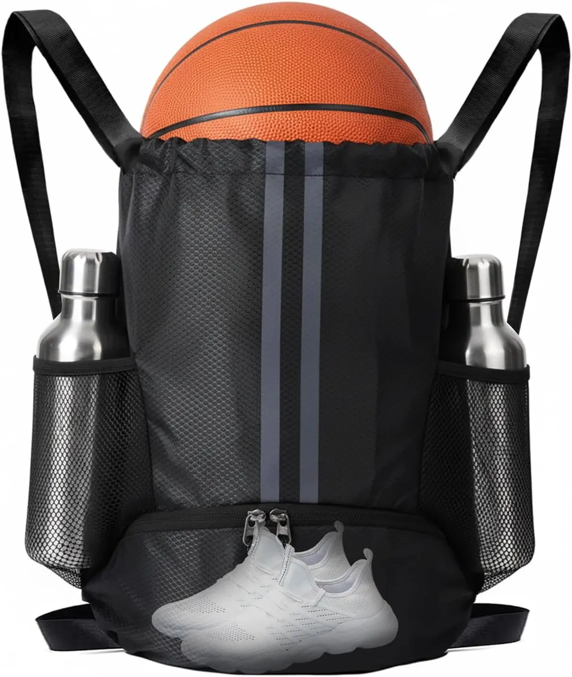 Large Sporty Black Drawstring Gym Backpack for Men - Adjustable Straps, Wet Proof Pocket, Shoe Compartment, Fitness Leisure Bag, Outdoor Fitness Bag for Sports, Travel, Training Bag, Shoes Bag