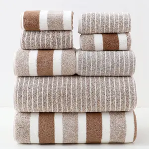 8/10 Piece Set Non-Shedding Ultra-Absorbent Hotel-Standard Striped Premium Bath Towels, Includes 2 Large Bath Towels and 4 Medium Size Towels