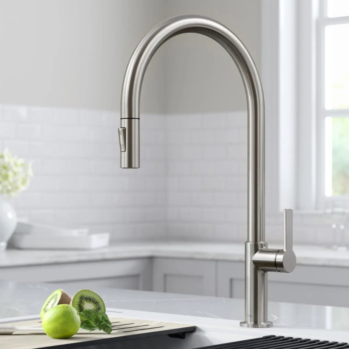 212 MAIN Kraus Oletto True High-Arc Single-Handle Brass Pull-Down Kitchen Faucet - Spot-Free Stainless Steel, Modern Kitchen Fixture Accessories, Single Hole, 8.36 lbs, Ceramic, Dual-Function, Easy-Clean Nozzles, Quick Install, Elegant And Ergonomic Desig