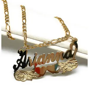 10k Solid Gold Custom CURSIVE WITH DOUBLE HEARTS Nameplate Pendant Necklace with Chain Options