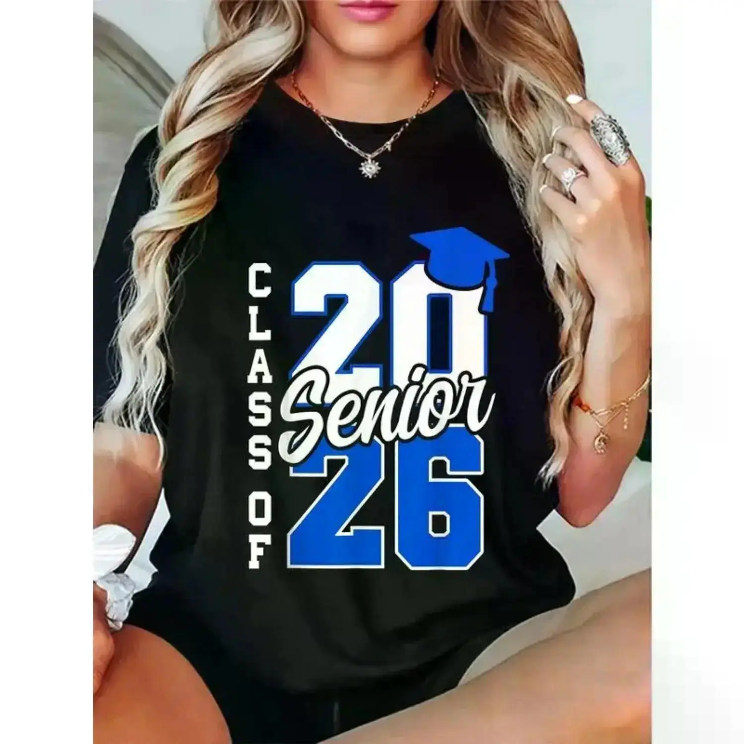 Unisex Graphic Tee Class Of 2026 Senior Graduation Design Back To School School Spirit Print Oversized T Shirt Casual Streetwear Style Crewneck Short Sleeve Soft Breathable Cotton Loose Fit Daily Wear Graduation Gift Trendy Aesthetic Top