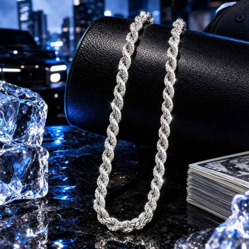0004 Moiss Iced Out Rope Chain Necklace for Men, Full Micro Paved Twisted Hip Hop Chain, Bling Streetwear Rap Jewelry