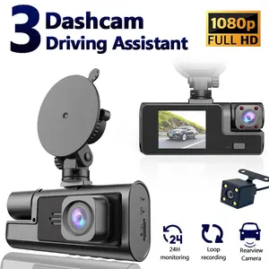 3 Channel 1080P Full HD Dash Cam Front Rear Inside, Triple Lens Car Camera with Super Night Vision, G-Sensor, WDR, Loop Recording, 24/7 Parking Mode, Motion Detection, Wide Angle, Available with 32GB / 64GB TF Card, Driving Recorder for Taxi All Vehicles