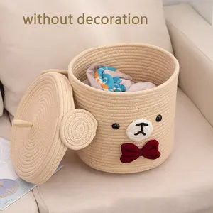 Handwoven Bow Bear Storage Basket, Medium Size Fabric Laundry Hamper, Decorative Toy Organizer with Lid, 25x25 Cm, Ideal for Bathroom Bedroom Living Room