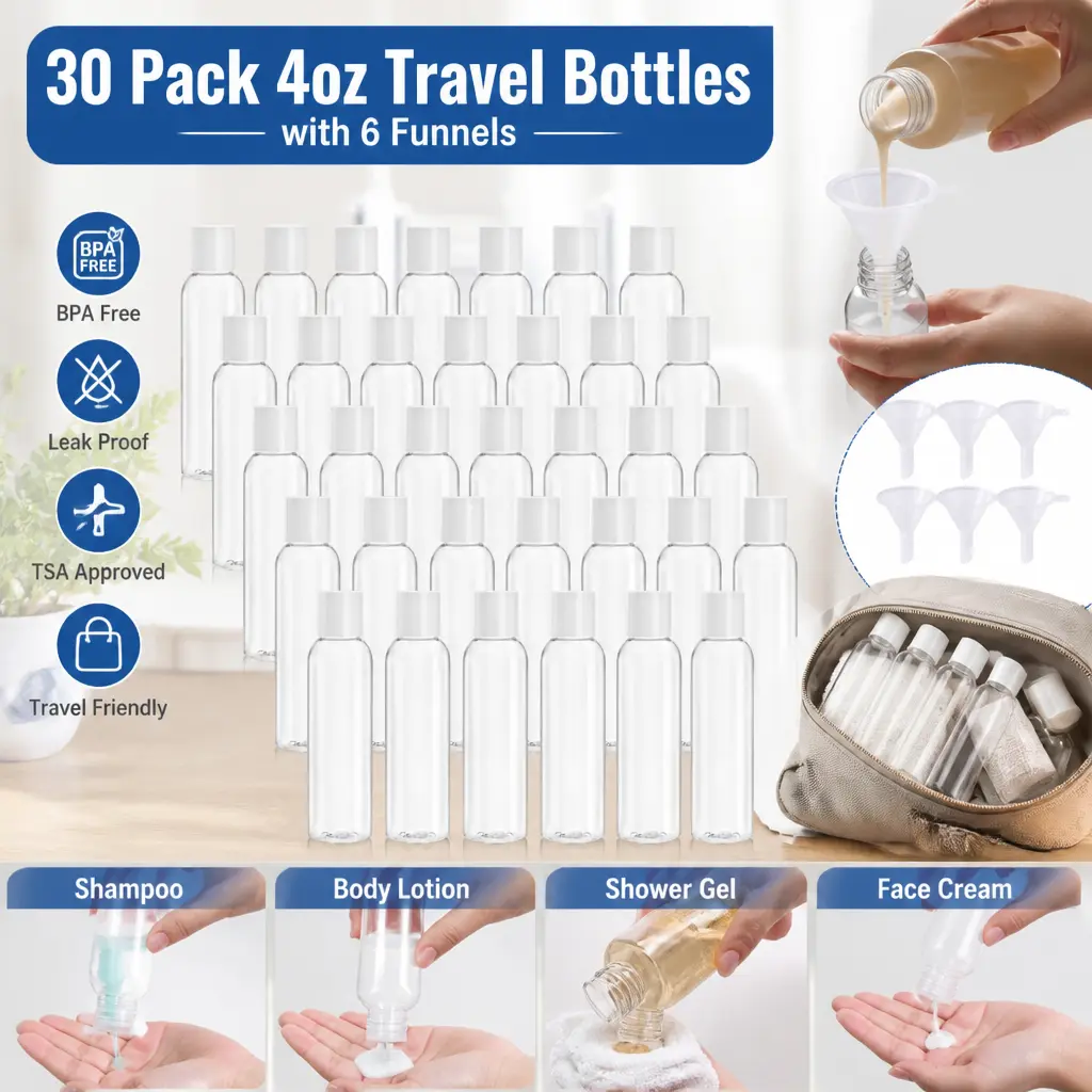 30-Pack 4oz BPA-Free Lightweight Plastic Squeeze Bottles - 1 1/2 Inch Diameter Empty Travel-Size Transparent Refillable Flip-Top Lid for Shampoo, Body Lotion, Face Cream - Bulk Home Storage Supplies for Family Airplane Trips, Fitness Center Use