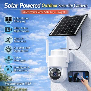 【Solar Powered Outdoor PTZ Security Camera】3MP 1296P Ultra Color Night Vision 4 LED Spotlight Alarm PIR Detection 2 Way Talk 6W Panel 30 Day Battery 2.4GHz WiFi SD up to 128GB Weatherproof IP65