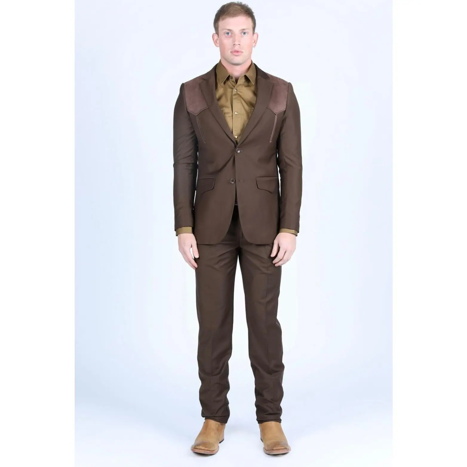 Platini Men's Western Suit with Suede Yoke - Dark Brown