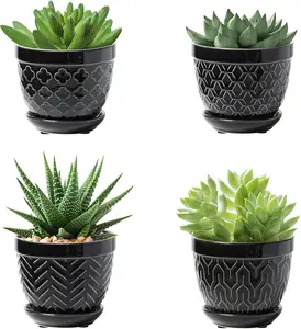 Succulent Pots, 3.5 Inch Flower Pots for Indoor , Small  Pots with Saucer  Drainage, Decorative Ceramic Planters for Succulent, Cactus, Set of 4, Black