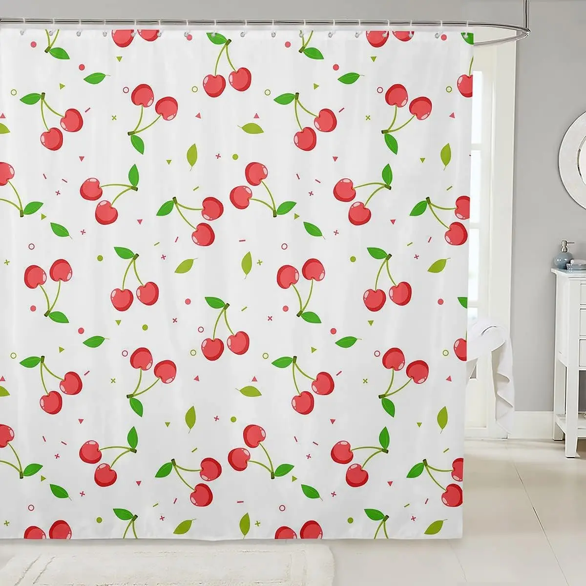 Feelyou Red Cherry Character-Themed Fabric Pattern Shower Curtain - 72" W x 72" L Washable Cartoon Fruit Bathroom Accessory with 12 Curved Hook Clip Hooks (For Girls), Character-Themed Curtains, Fabric Pattern Curtains