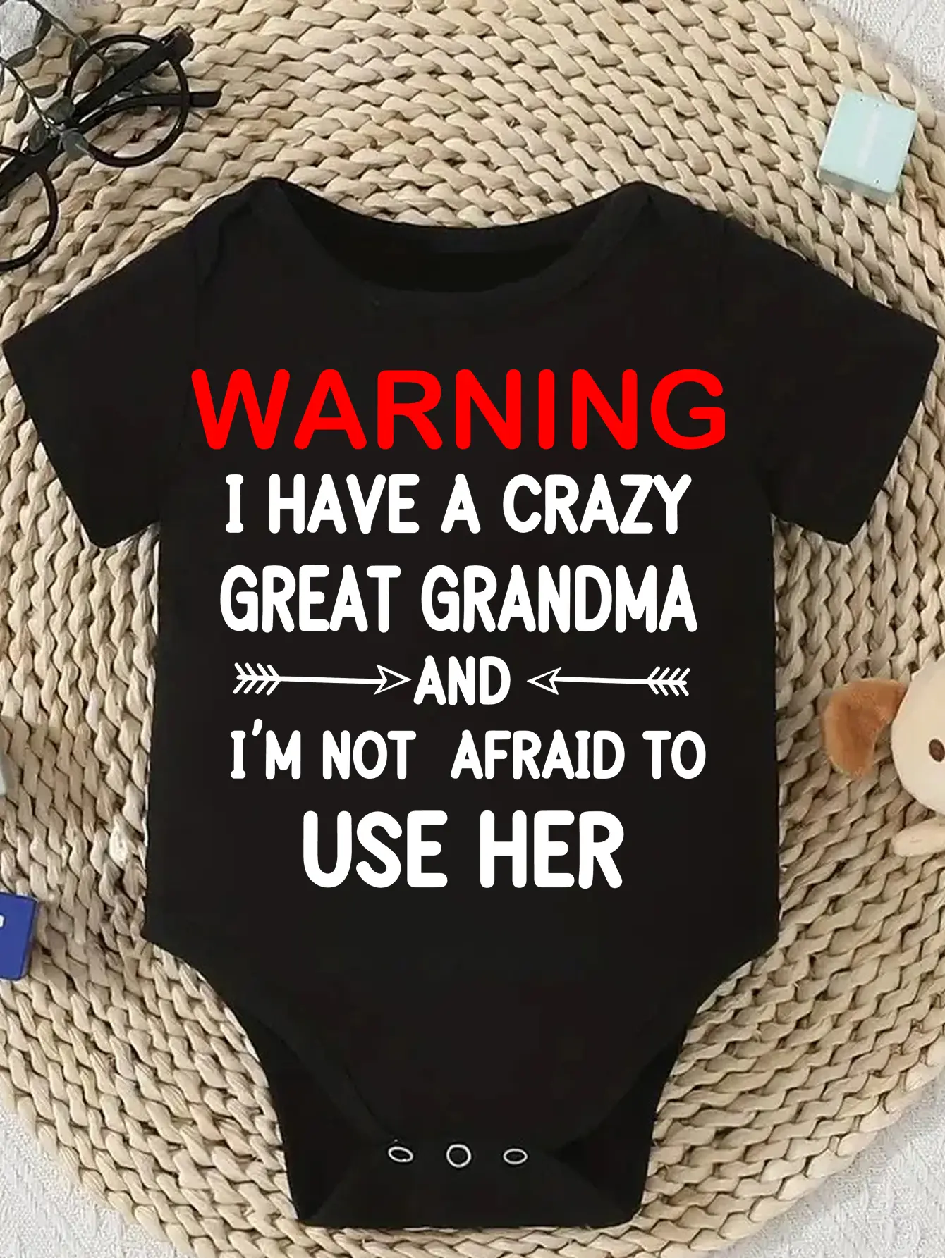 Cute Baby Bodysuit With Warning I Have A Crazy Great Grandma And Im Not Afraid To Use Her Print Soft Versatile Round Neck Button Detail Regular Fit All Seasons Knitted Fabric Onesie