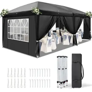 10'x20' Instant Pop Up Canopy Tent Black, 6 Panels 2 Doors 4 Mesh Windows, 28/22mm Powder Coated Steel Frame, 10x20mm Crossbar, 210D Oxford Folding Outdoor Tent with Carry Bag No Sandbags
