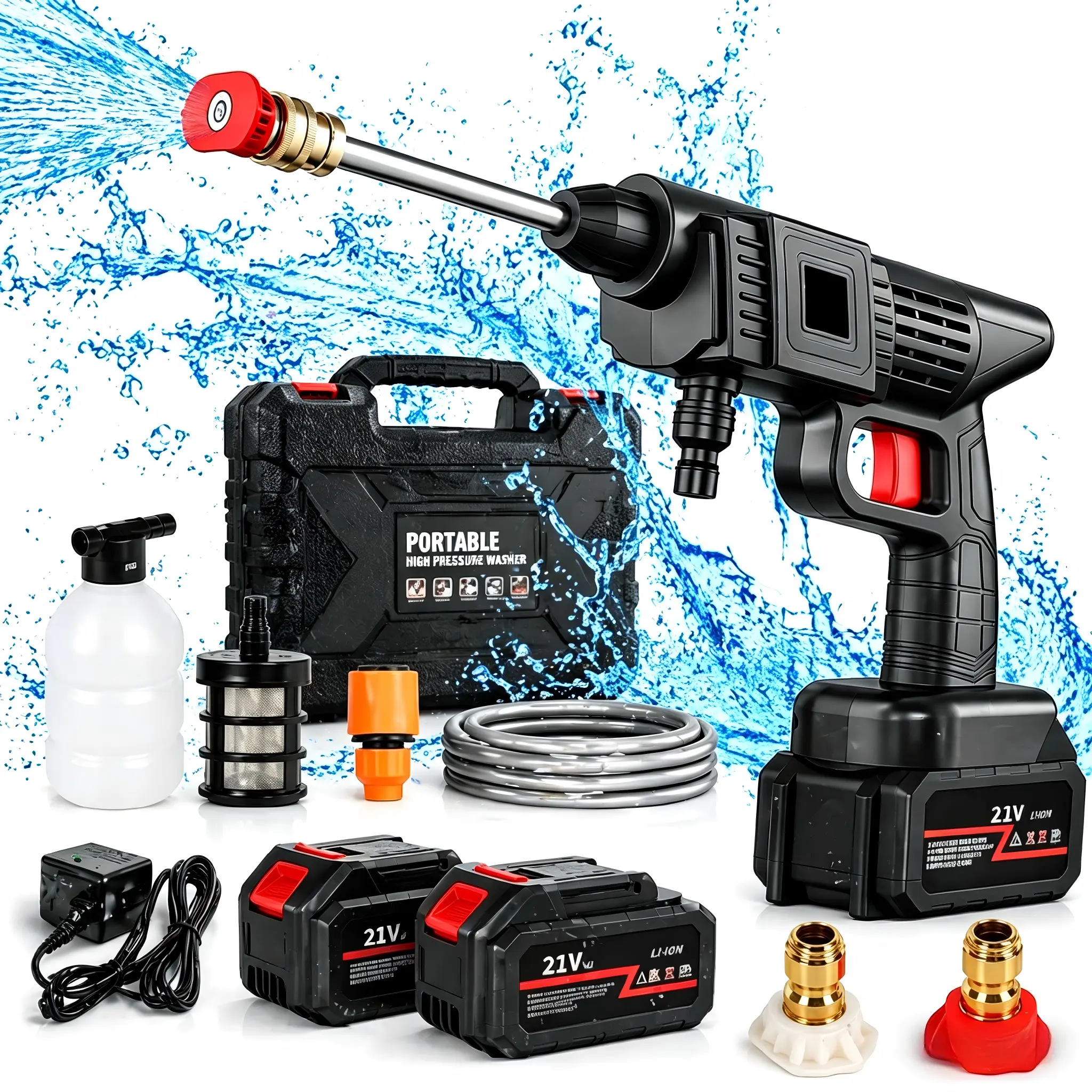 21V Cordless Pressure Washer - Portable Car Wash Tool with Pure Copper 2-in-1 Nozzle, Handheld Automotive Detailing Tool, High-Pressure Water Spray Gun for Car, Patio Cleaning Car Care Tools