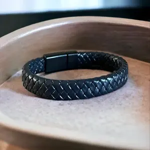 Black Braided Leather Bracelet with Magnetic Clasp for Men and Women