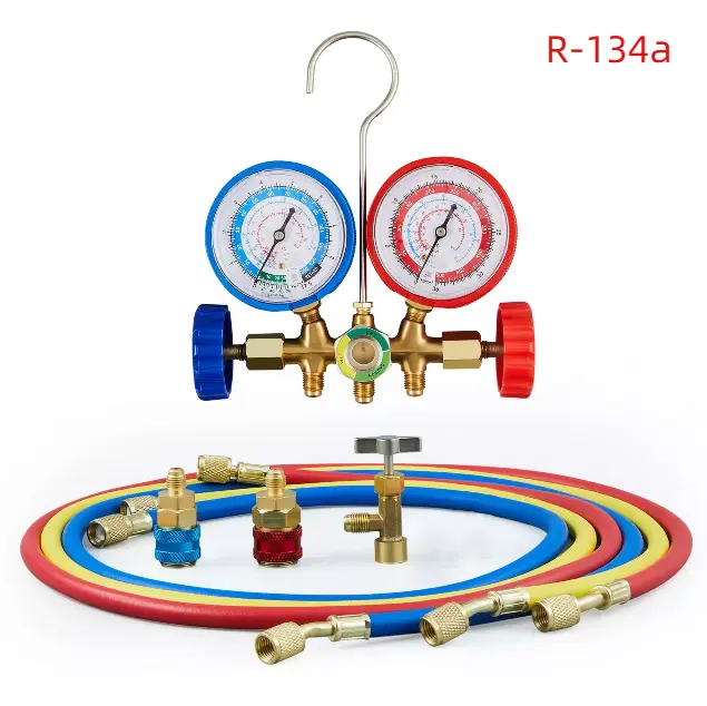AC Manifold GaugeSet, ac gauge set for car ac repair, 3-WayRefrigerant Gauges for R134a Set of Gauges for Refrigerants Used in Air Conditioning, Complete with Hose And Hook