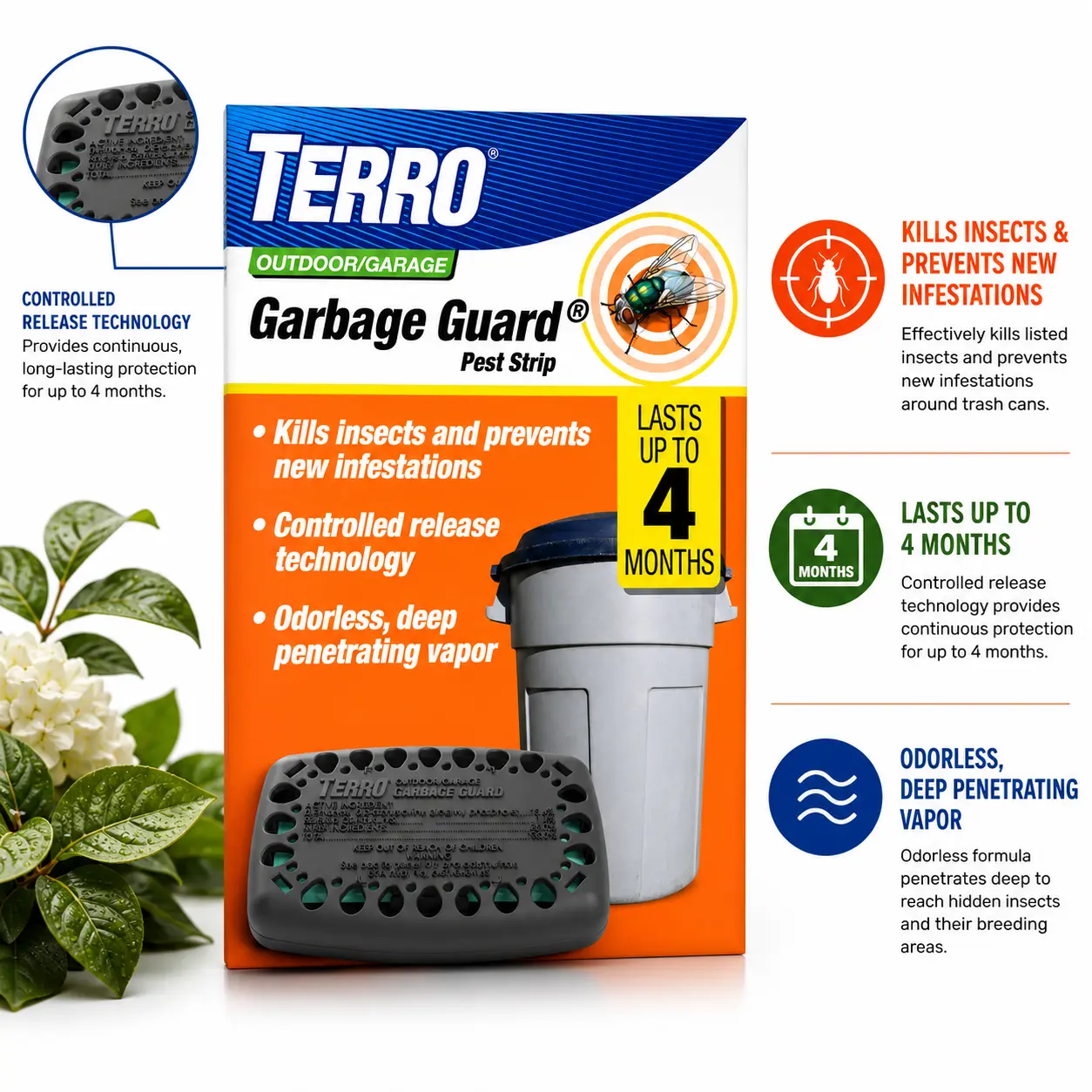 TERRO Garbage Guard Trash Can Insect Killer, 1-Pack | Kills Flies, Roaches, Maggots, Beetles, and Insects, 4-Month Long-Lasting Protection for Outdoor Pest Control & Bug Barrier