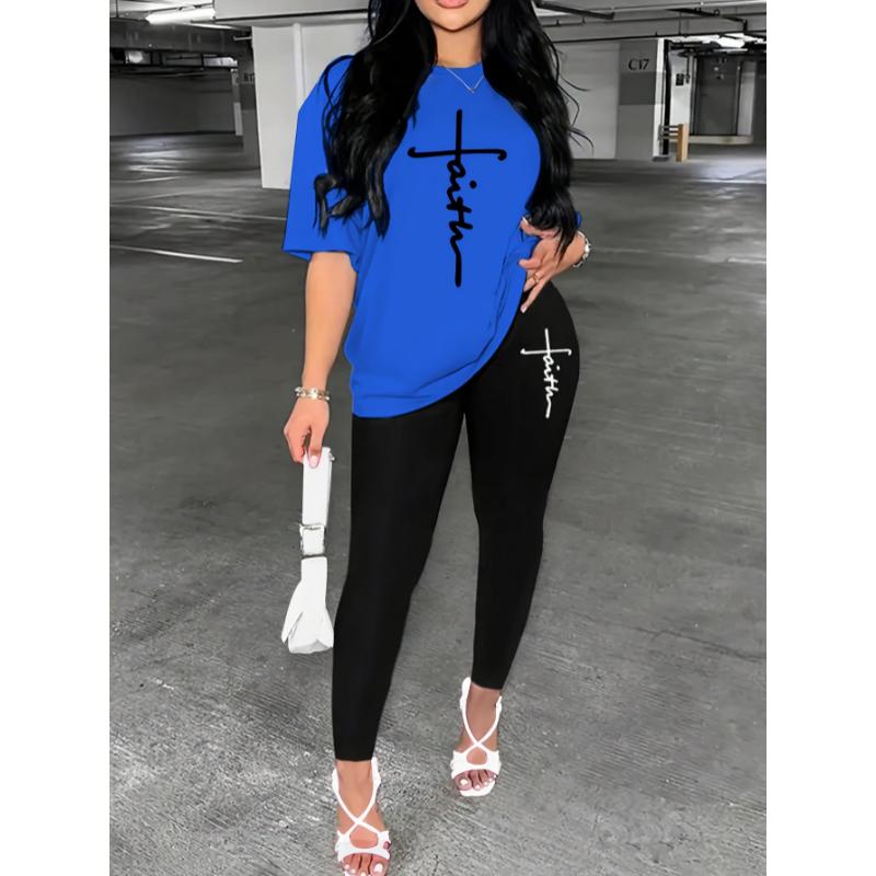 2 piece sets double layer dress Casual Faith Print Pantsuits, Short Sleeve T-shirt & Skinny Leggings Outfits, Women's Clothing Fabric Womenswear Collar Spandex Comfort Gamis Crewneck Fitted Multicolor Shortsleeve 2 piece sets women Polyester Ginger-Colore