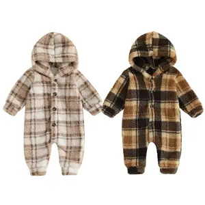 Newborn Baby Plaid Fleece Hooded Romper Long Sleeve Checkered  Jumpsuit Onesies Outwear Outfit