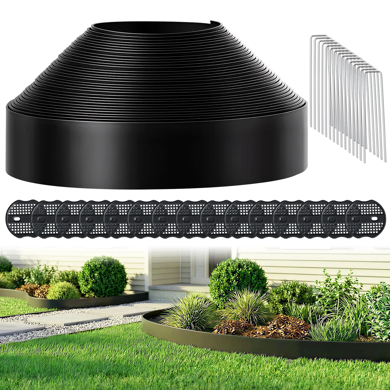 No-Dig Landscape Edging Kit, 100FT x 3in Extra Tall Black Garden Border with 110 Metal Stakes & Locking Pads - Heavy-Duty Flexible Lawn Edging for Flower Beds, Mulch & Soil