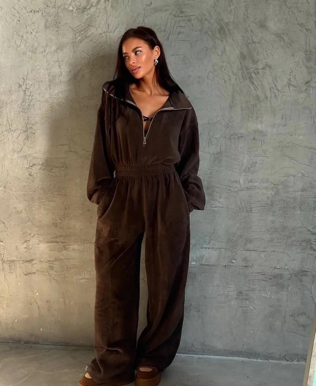 LBL umpsuit, Women's Long Sleeve Zip Up Soft Fleece Loungewear, Oversized Loose Fit Elastic Waist Romper, Casual Comfortable Streetwear Outfit, Cozy Relaxed Daily Wear for All Seasons