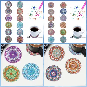 12 DIY diamond painting sets, mandala flower-themed wooden anti-slip coasters and placemats, decorated with crystal gemstone and irregular diamond mosaics, suitable for wedding, home, Christmas and New Year decoration handicrafts
