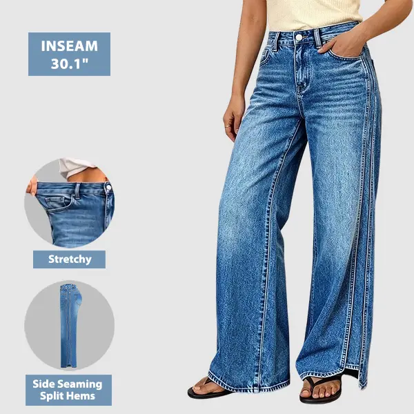 Flamingals Wash Seam Side Split Hem High Rise Wide Leg Jeans Stretchy 30.1'' Inseam Flamingals Wash Seam Side Split Hem High Rise Wide Leg Jeans Stretchy 30.1'' Inseam