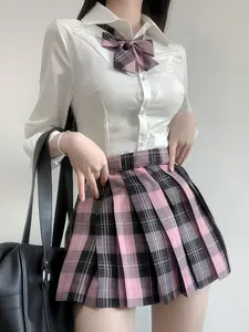 School Jk Uniform Set, Long Sleeve Shirt + Plaid Skirt + Bow Accessory, Sweet Style, Loose Fit, All Seasons
