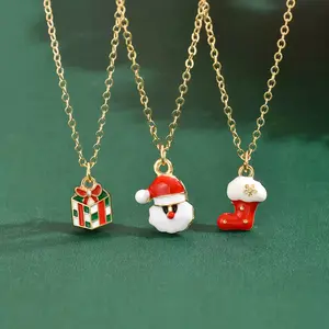 Christmas Ornaments Personalized Reindeer Santa Claus Tree Necklace Set Festive Golden Chain Gift Box Santa Hat Stocking