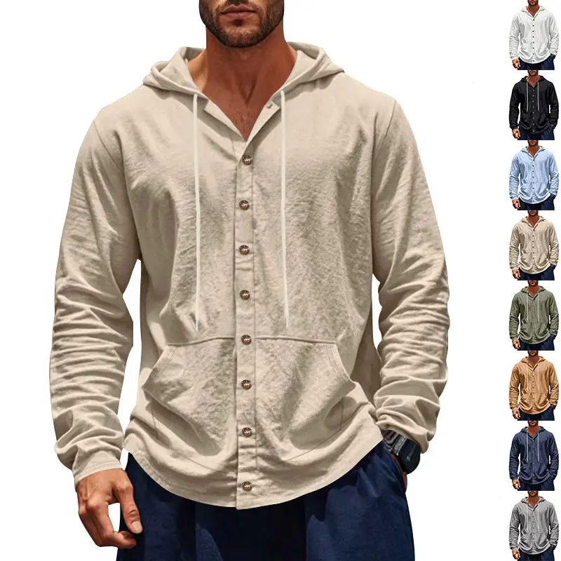 Men's American Casual Hooded Sweatshirt - Fabric, Drawstring, Single-Row Button Closure, Long Sleeves, Kangaroo Pocket, Curved Hem, Lightweight, Breathable Outerwear for Spring & Autumn Everyday Outdoor Wear