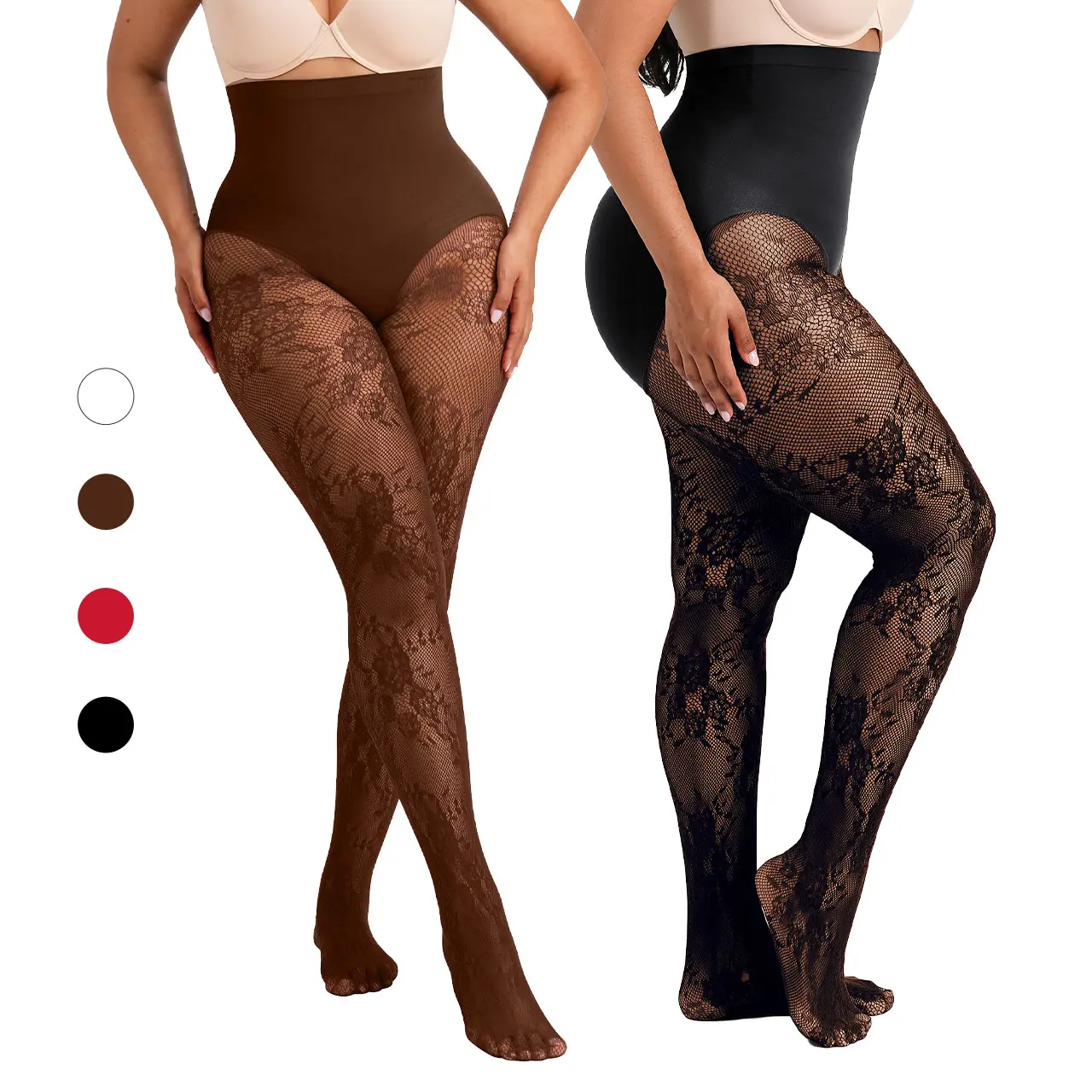 SHAPELLX Women‘s High-Waist Shaping Tights with Floral Lace, Light Control Tummy Support Pantyhose, Anti-Slip Waistband & Breathable Mesh for Daily Wear