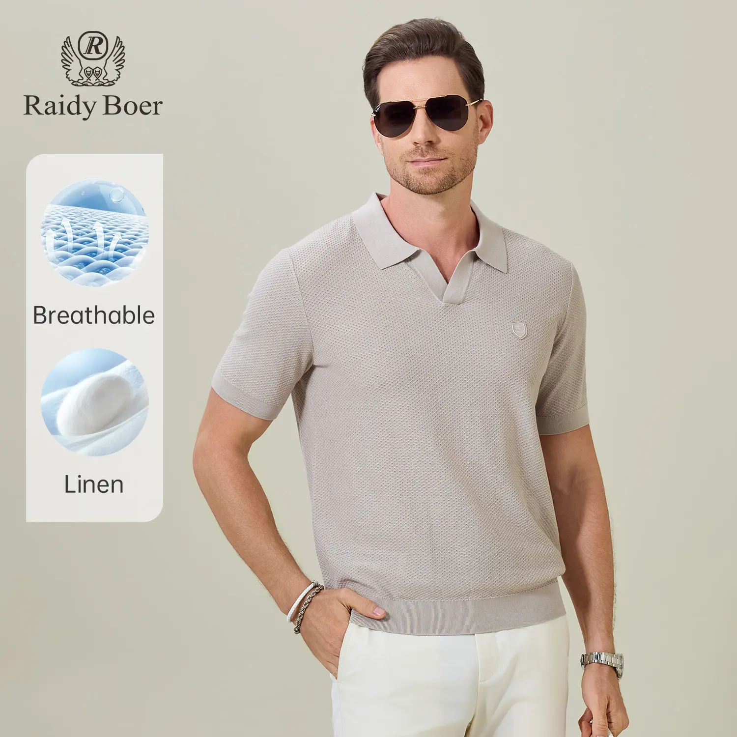 RaidyBoer Italy Design pure linen cotton mens Knitted Smart Casual Golf Polo Shirts Old Money for Office workers and golf Enthusiast Classic Fabric