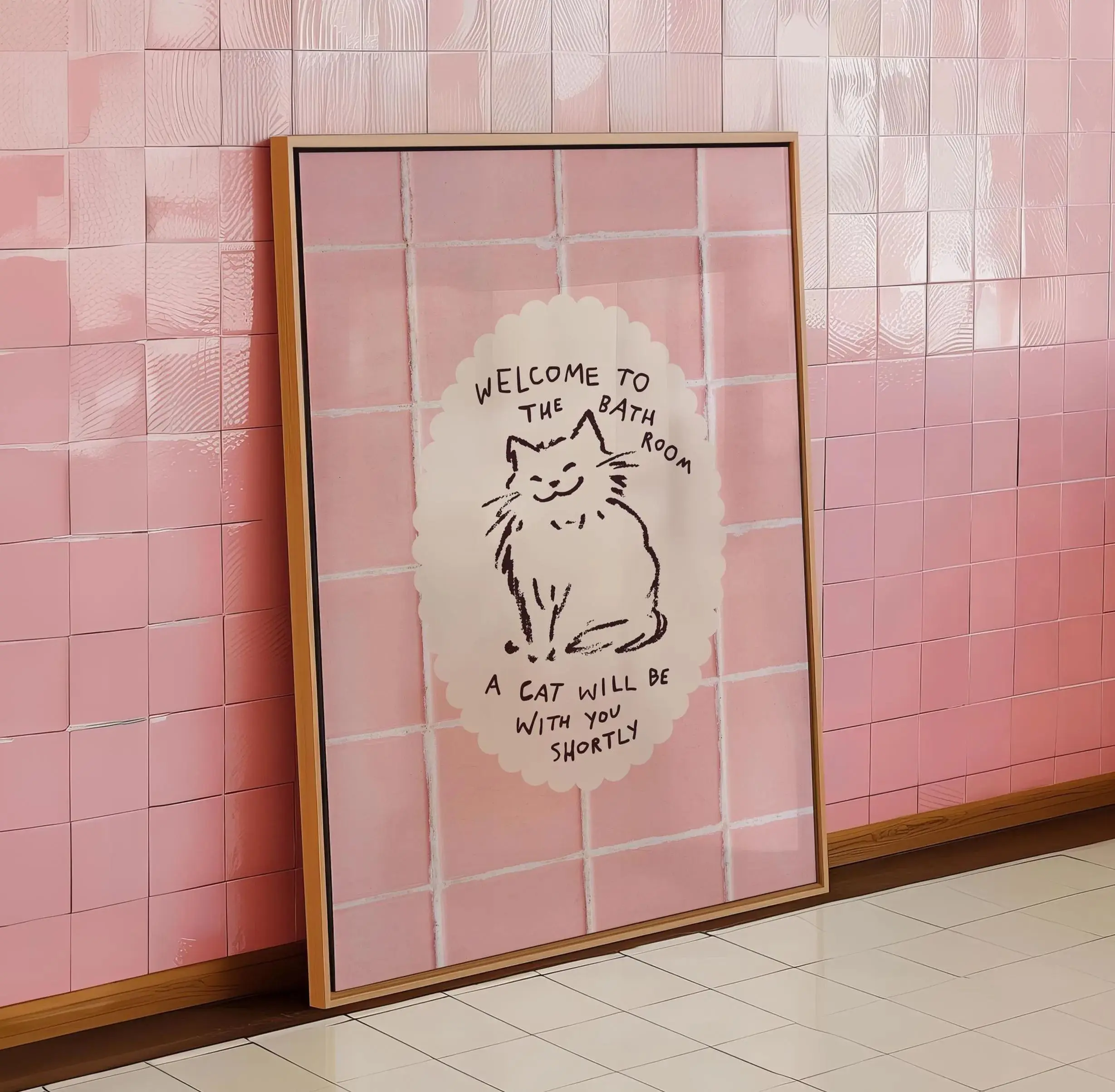 Funny Cat Bathroom Print, Pink Bathroom Decor, Quirky Cat Wall Art