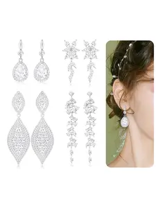 4 Pairs Clip on Earrings for Women Non Pierced CZ Teardrop Dangle Earrings Set Sparkly Rhinestone Long Tassel Earring Clips for Brides Bridesmaids Wedding Party Jewelry Gifts Silver Tone