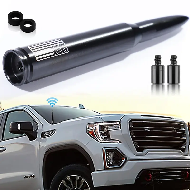 5.5 inches 50 Cal Bullet Look Aluminium Antenna Replacement with Fade-Resist Coat - Black Hard Anodized Rugged Alloy+Copper, Tool-Free Install for Chevy/GMC Trucks (Silverado 1500/2500, Sierra 1500/2500/3500) USA Flag Car Exterior Decoration Accessory