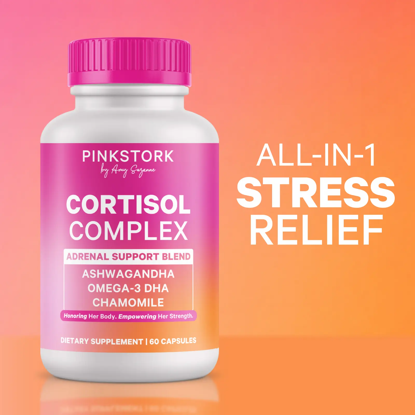 Pink Stork Cortisol Complex | Adrenal + Stress Supplement for Women | Healthy Mood + Energy | Organic Ashwagandha, Omega 3 DHA, Chamomile, Saffron, Vitamin D, 1-Month Supply, Adaptogens + Vitamin Blend, Selfcare for Wome