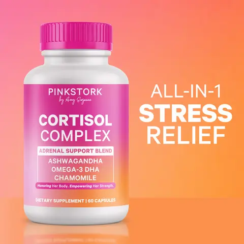 Pink Stork Cortisol Complex | Adrenal + Stress Supplement for Women | Healthy Mood + Energy | Organic Ashwagandha, Omega 3 DHA, Chamomile, Saffron, Vitamin D, 1-Month Supply, Adaptogens + Vitamin Blend, Selfcare for Wome