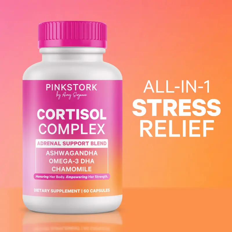 Pink Stork Cortisol Complex | Adrenal + Stress Supplement for Women | Healthy Mood + Energy | Organic Ashwagandha, Omega 3 DHA, Chamomile, Saffron, Vitamin D, 1-Month Supply, Adaptogens + Vitamin Blend, Selfcare for Wome